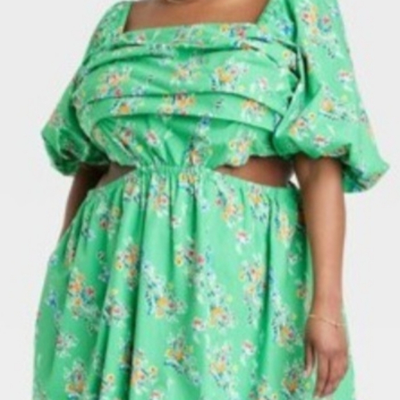 2X 100% Cotton Puff Short Sleeve Cutout Bubble A-Line Smock Back Midi Dress - Picture 3 of 5